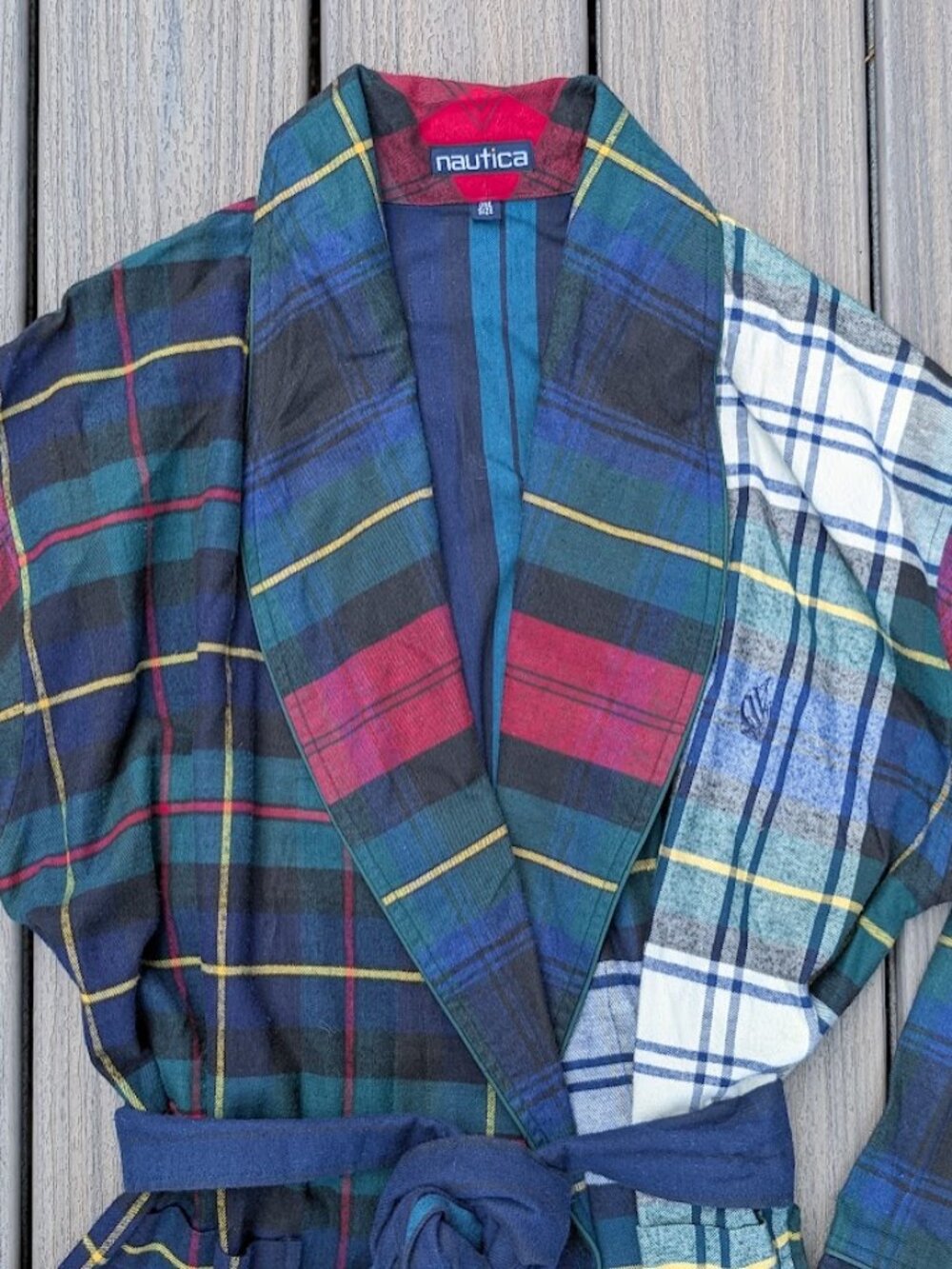 Nautica Navy Green Red Plaid Cotton Flannel Belted Robe Sleepwear Lounge Mens OS